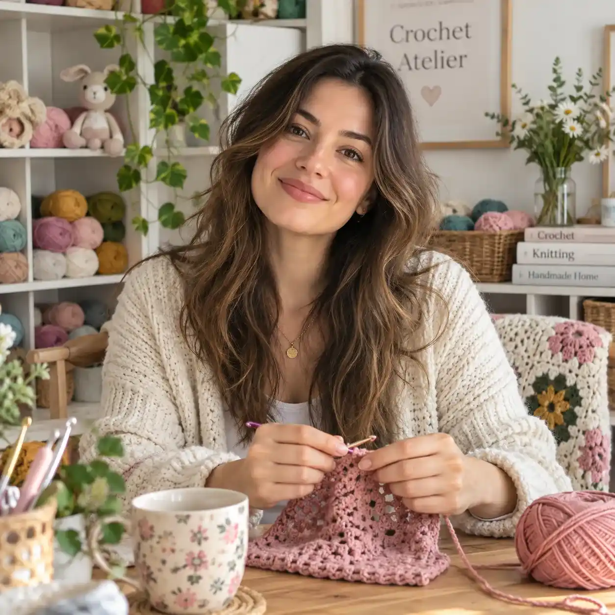 Elena Hart crocheting in the Crochet Atelier studio