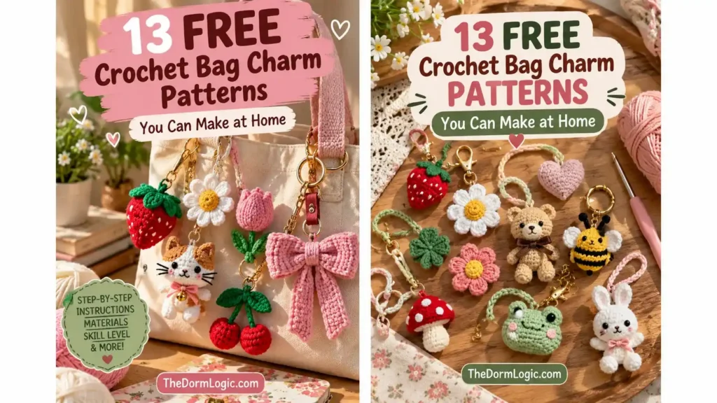 Crochet bag charm patterns including strawberry, flower, heart, and animal charms