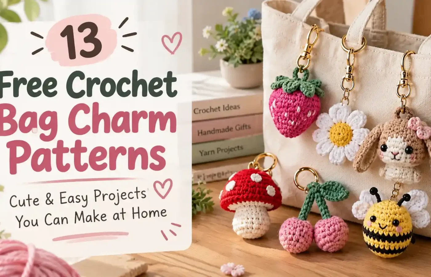 13 free crochet bag charm patterns with strawberry, flower, heart, and animal charms
