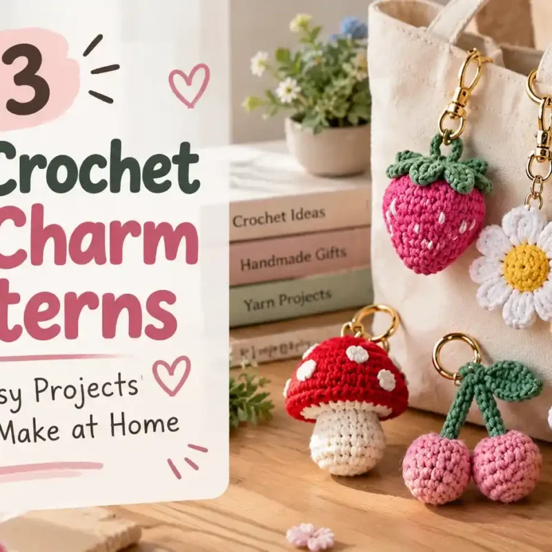 13 free crochet bag charm patterns with strawberry, flower, heart, and animal charms