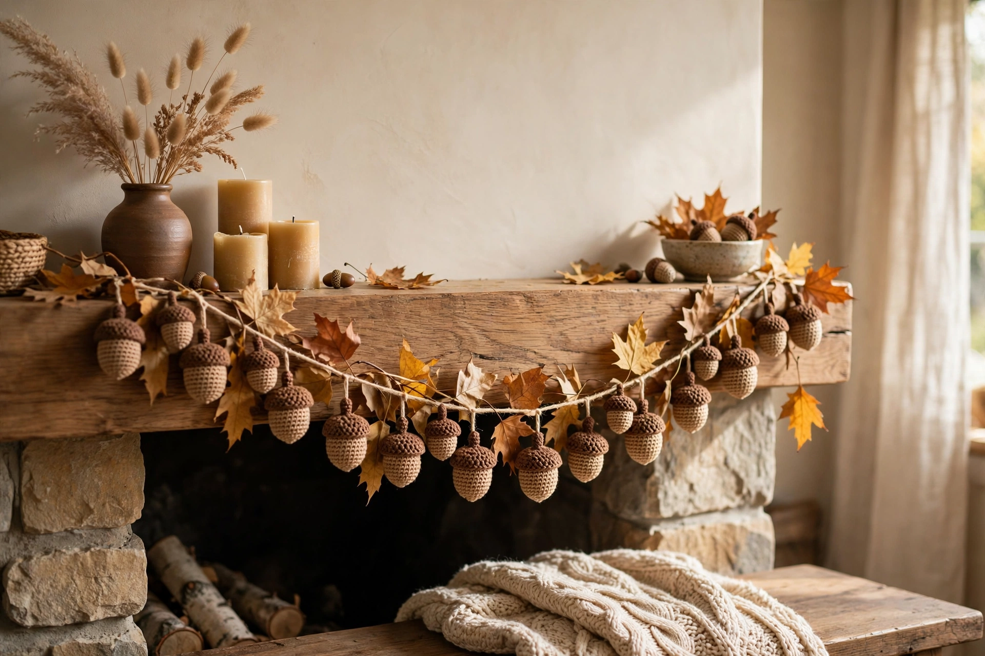 Crocheted acorn garland strung on twine hanging on a wooden mantel.