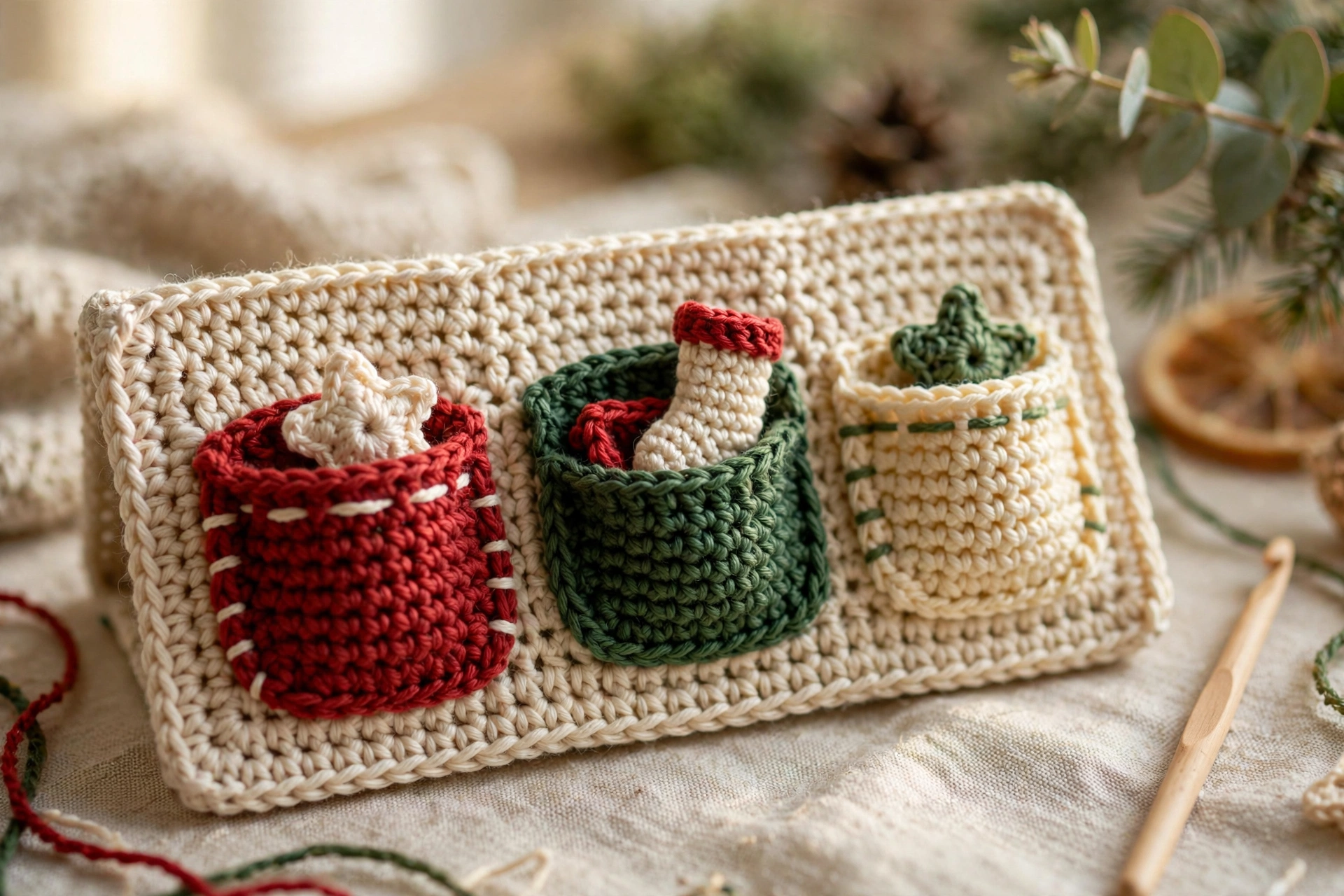 Close-up of small red, green and cream crochet pockets on an advent calendar panel with a tiny crochet star