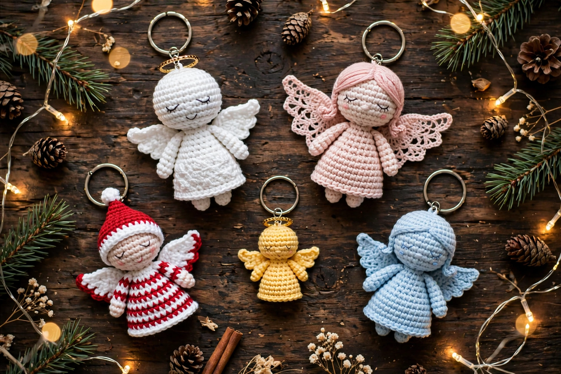 Top-down flat lay of five handmade crochet angel keychains — white, pink with lace wings, red-and-white striped, golden-yellow, and blue — arranged on dark wood with pine sprigs, pinecones, cinnamon sticks, and fairy lights.