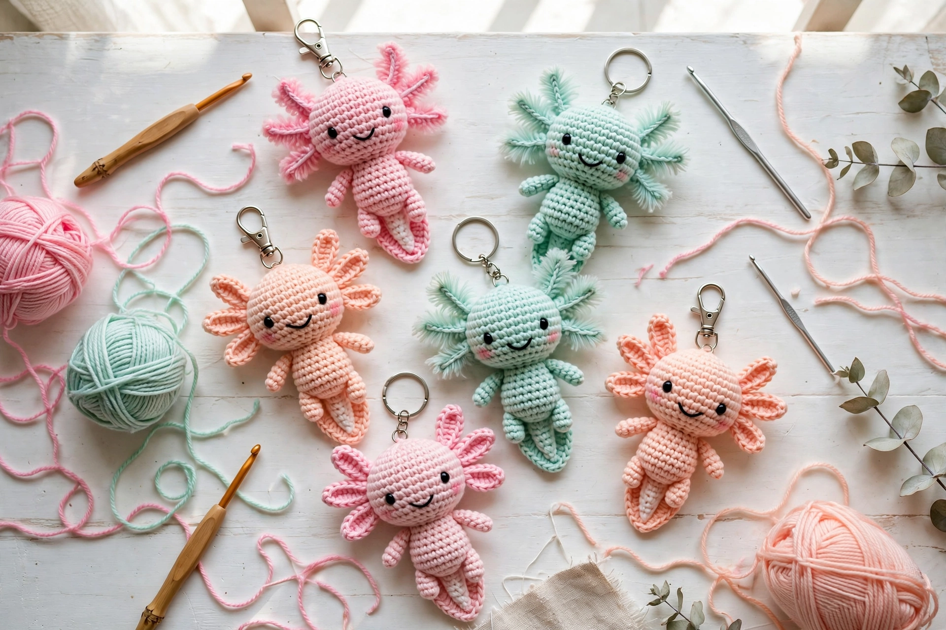 Flat lay of six pastel crochet axolotl keychains in pink, peach and mint yarn with crochet hooks, yarn balls and eucalyptus sprigs
