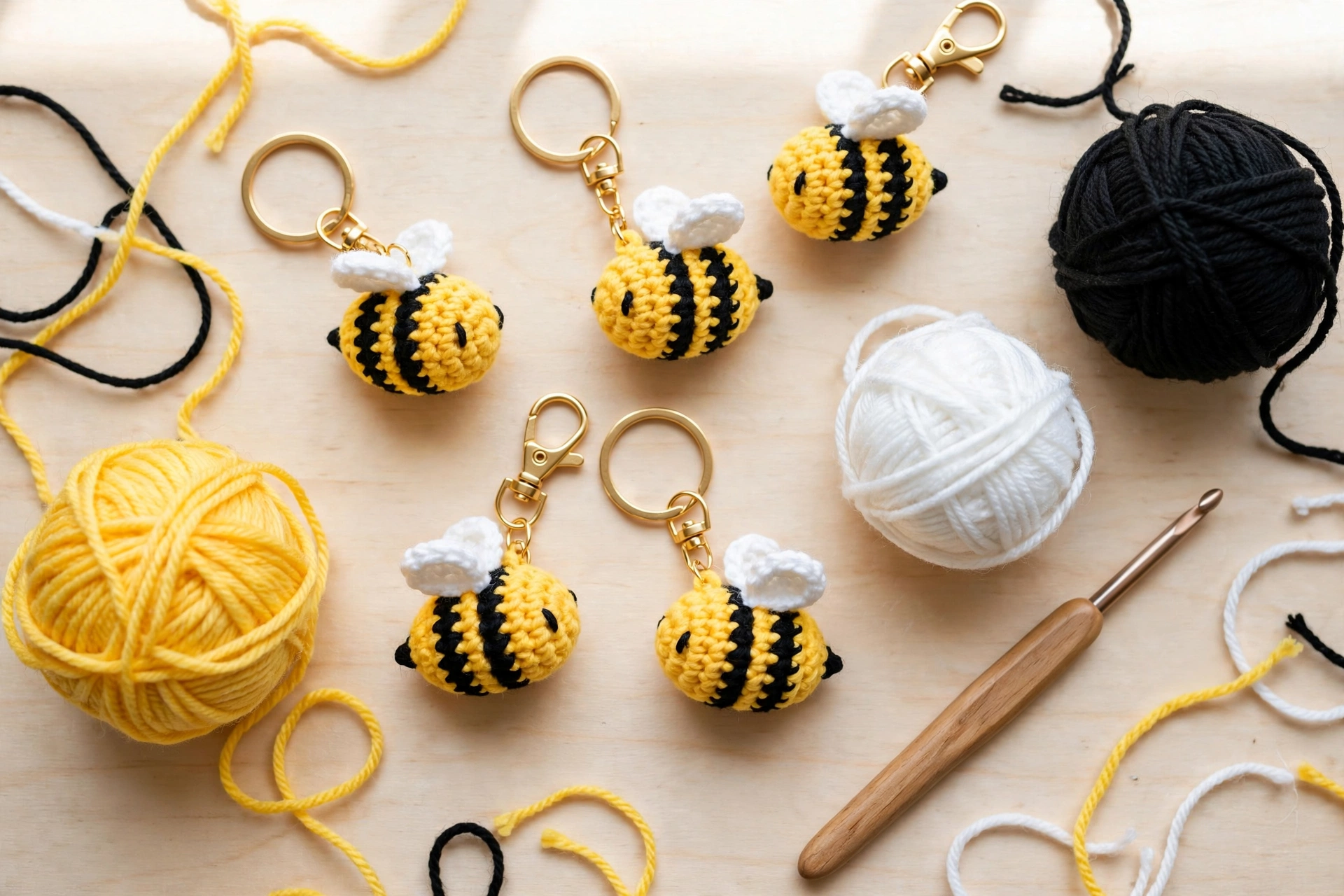 Flat lay of crocheted bee keychains with yellow, black and white yarn balls and a crochet hook