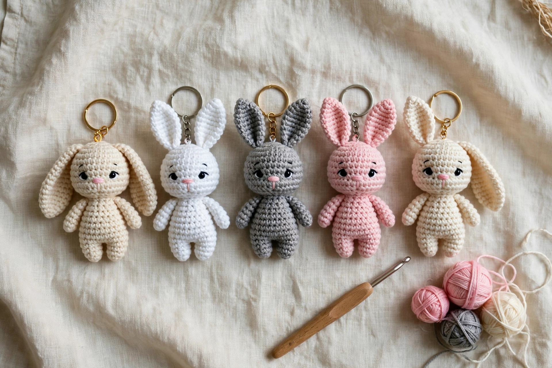 Five small crochet bunny keychains in white, grey, pink and cream yarn arranged on pale linen cloth
