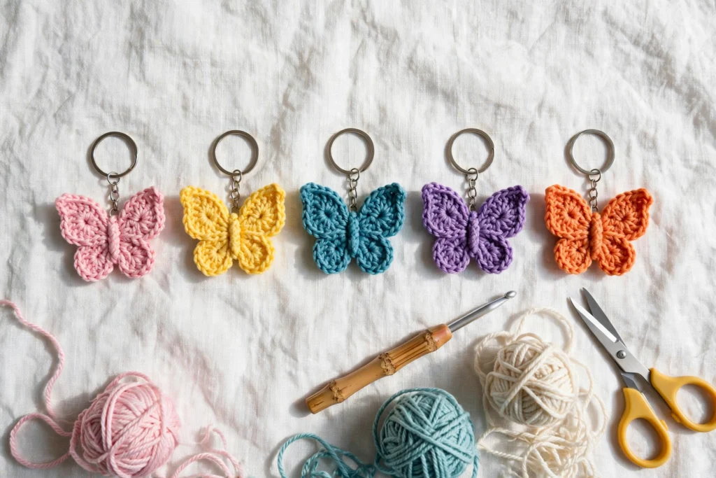 Five colorful crochet butterfly keychains in pink, yellow, teal, purple and orange on white linen with a crochet hook, scissors and yarn