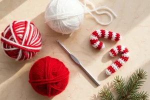 Red and white yarn balls, a crochet hook, and small crochet candy canes on a wooden table