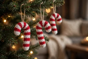 Red and white crochet candy cane ornaments hanging from Christmas tree branches