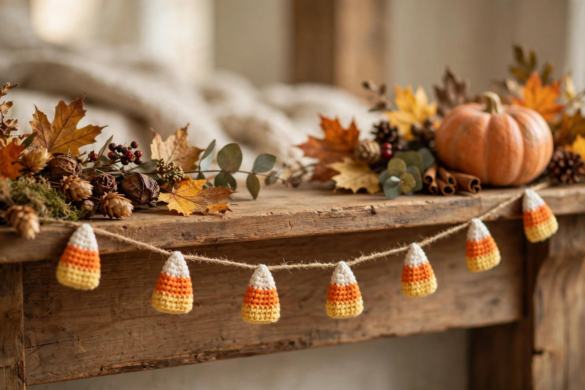 Crocheted candy corn garland strung on twine across a wooden mantel with fall foliage and a pumpkin