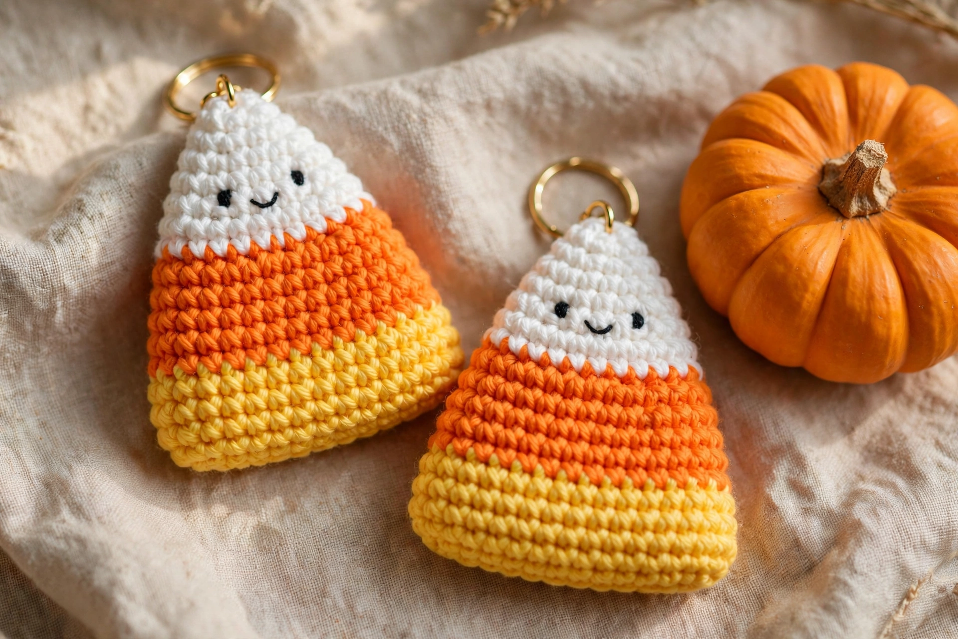 Two crocheted candy corn keychains with gold keyrings on linen fabric beside a small pumpkin