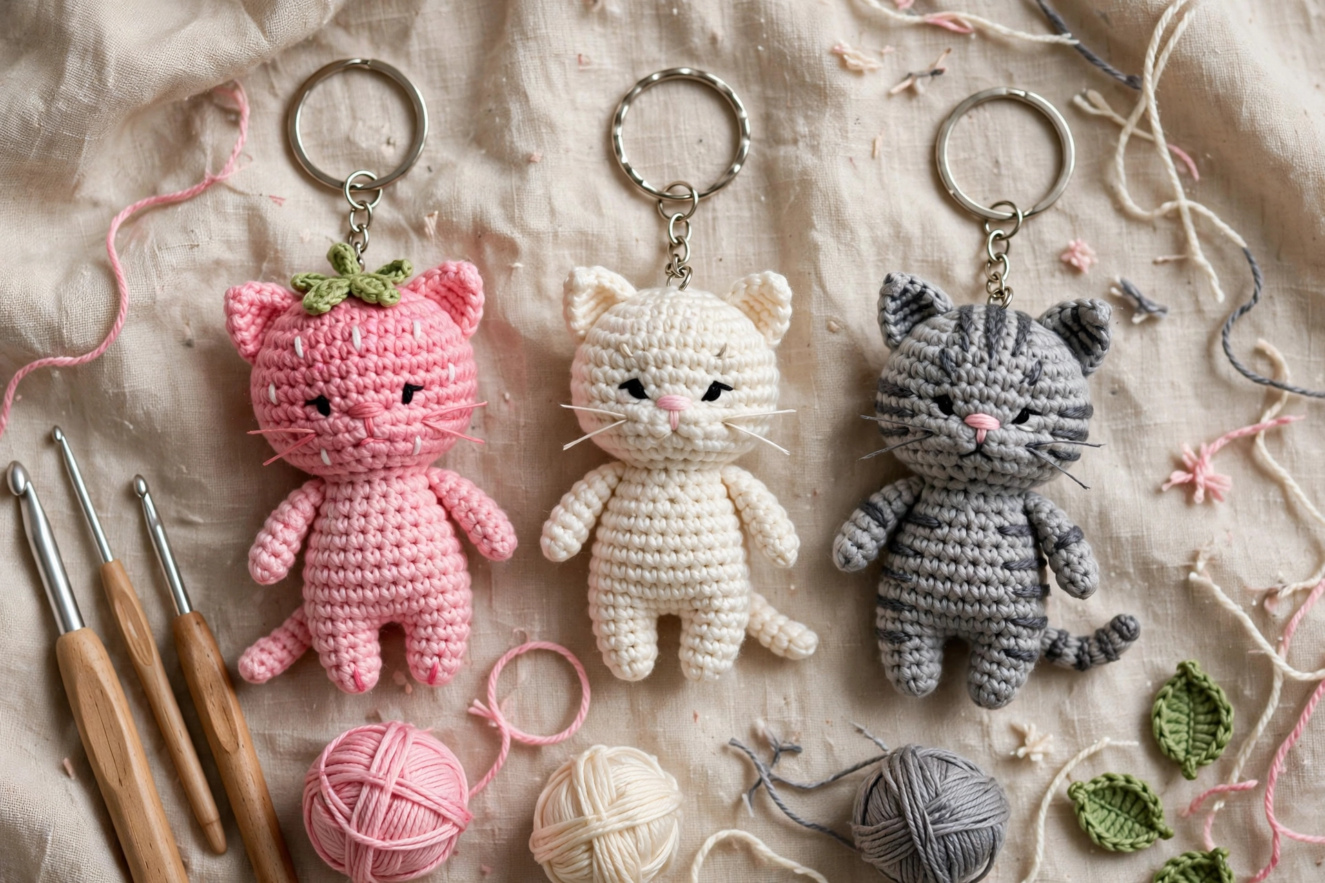Flat lay of three crochet cat keychains — pink strawberry cat, cream cat, and grey tabby — with crochet hooks and yarn balls