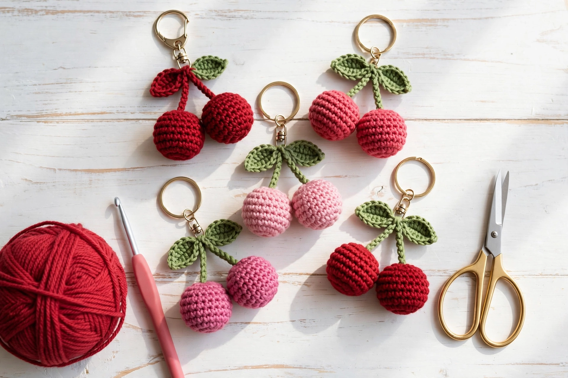 Flat lay of five crochet cherry keychains in red and pink shades with red yarn, a crochet hook, and scissors