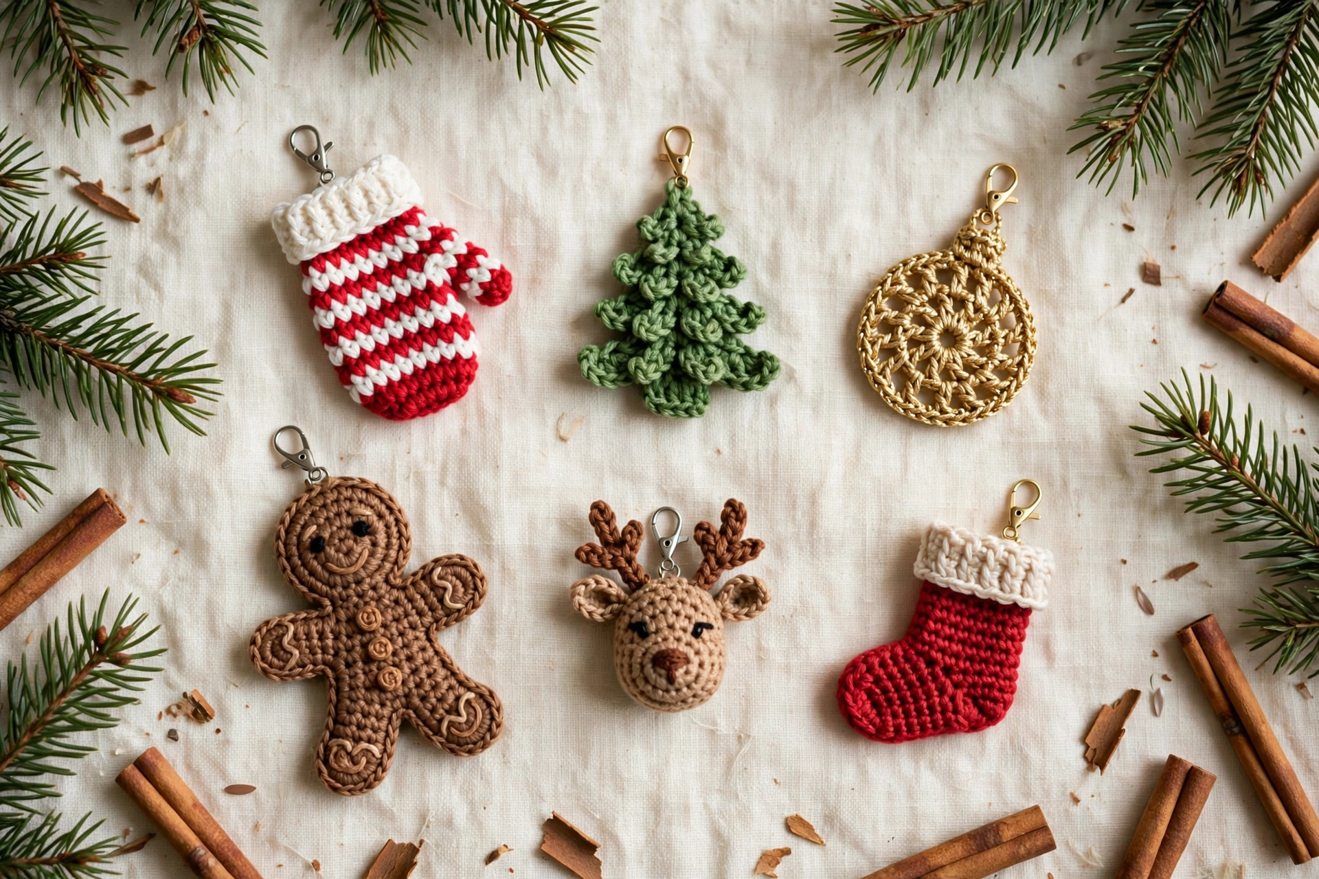 Flat lay of mini crochet Christmas bag charms — striped mitten, Christmas tree, gold bauble, gingerbread man, reindeer and stocking