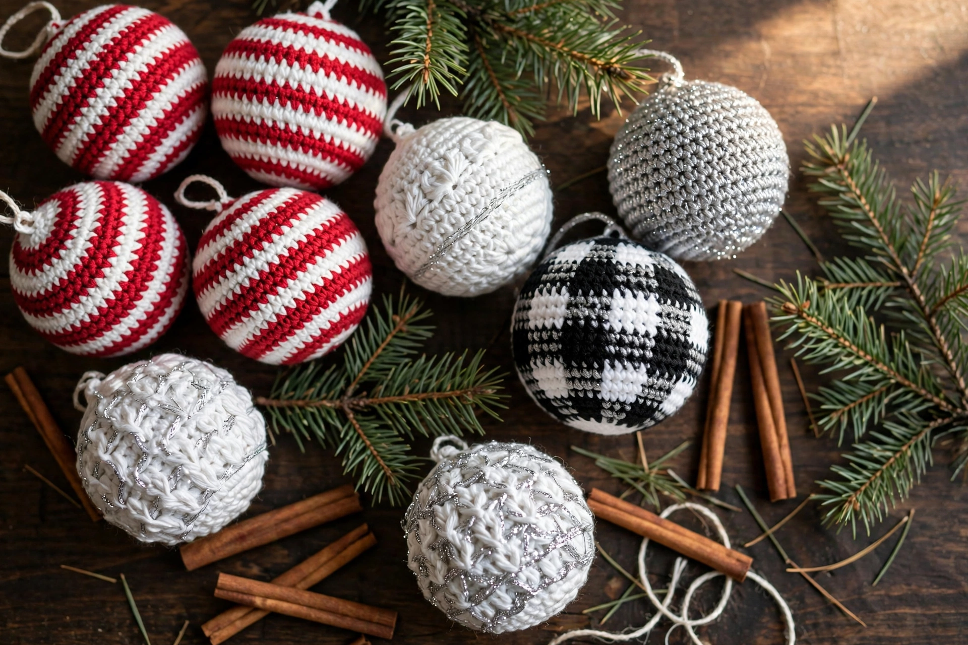 Handmade crocheted Christmas bauble ornaments in red, white and buffalo plaid arranged on a wooden table