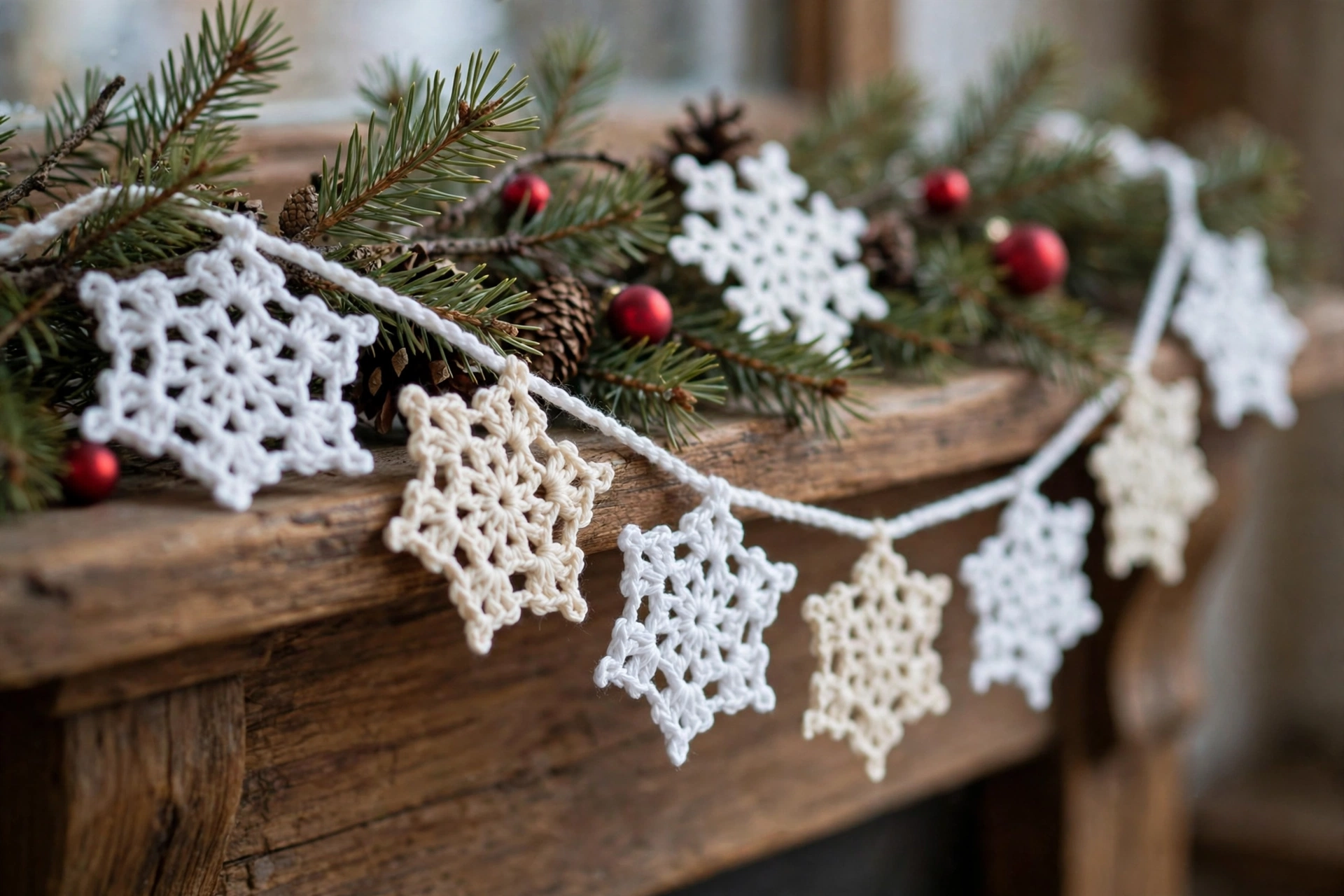 White crochet snowflake garland draped over a wooden mantel with pine branches and small red ornaments