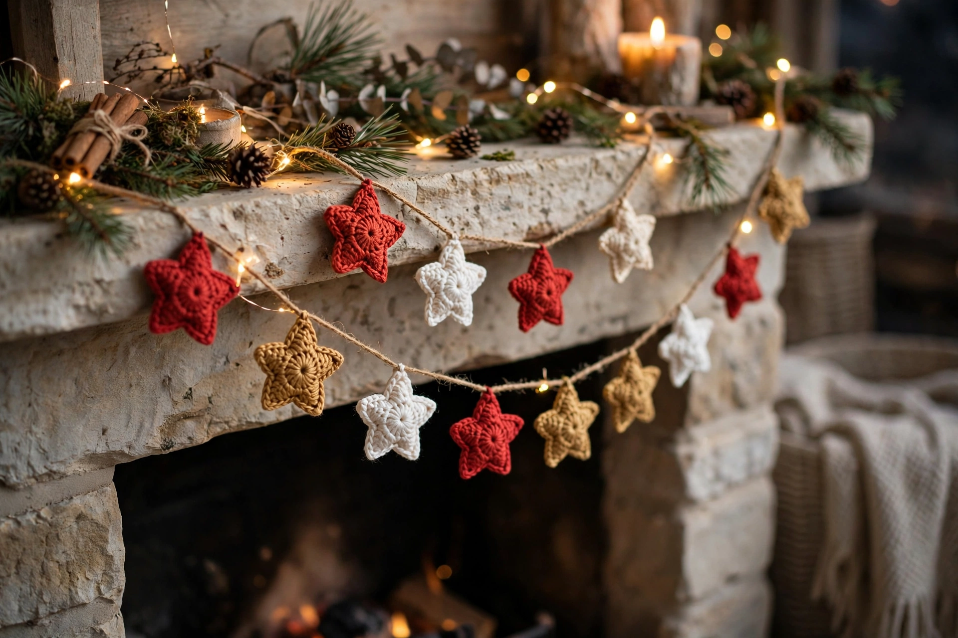 Crochet star garland in red, gold and white strung on twine over a fireplace mantel with pine sprigs and fairy lights