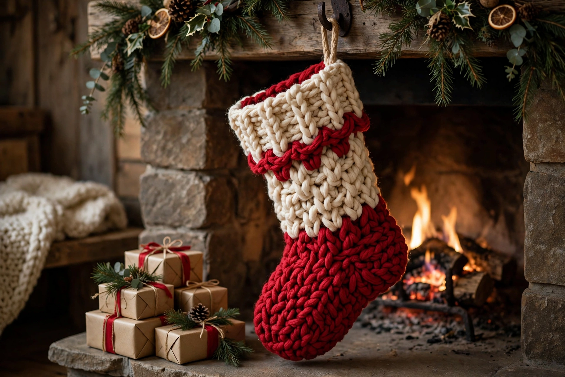 Large chunky crochet Christmas stocking in cream and red hanging by a lit fireplace with wrapped gifts
