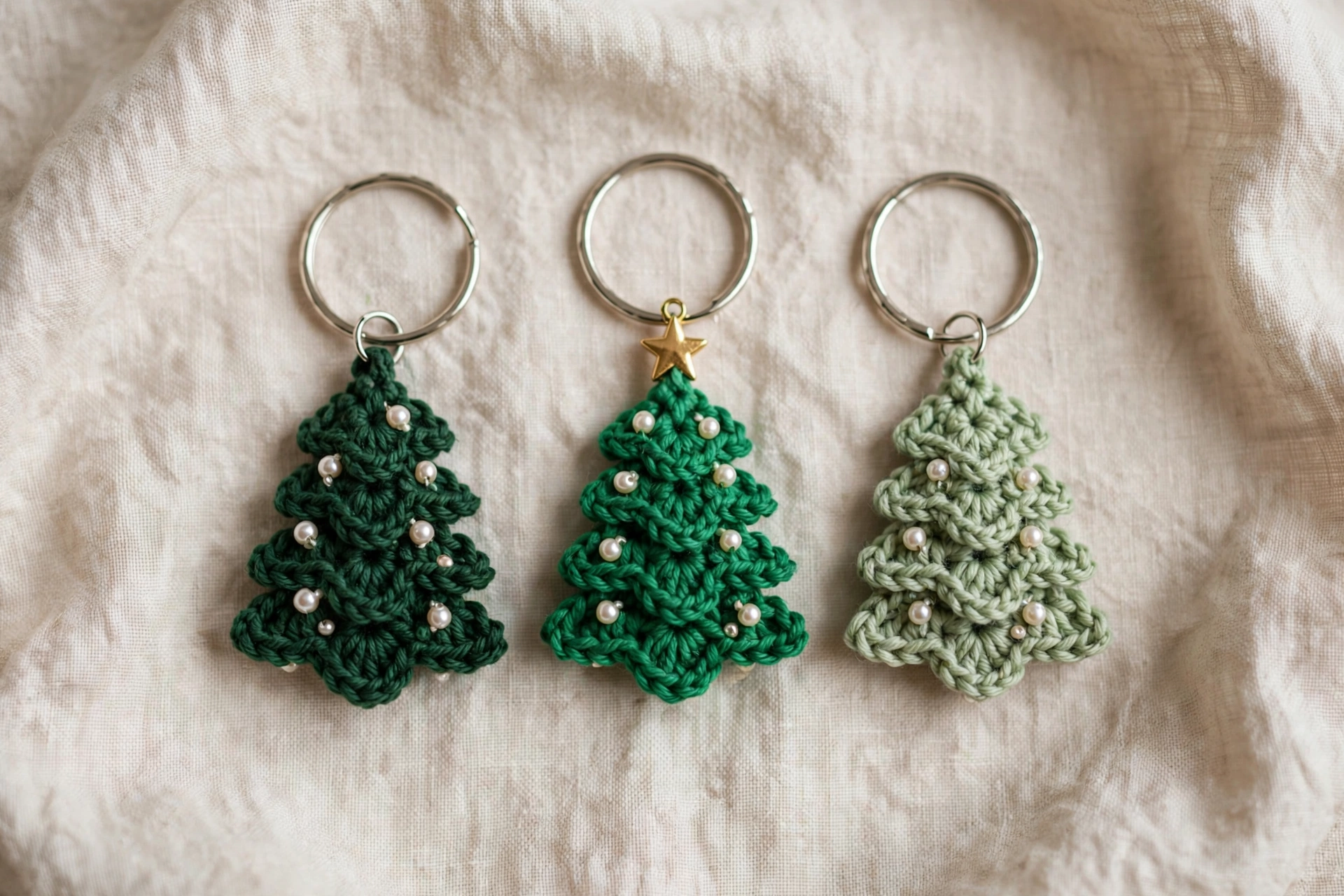 Three tiny crochet Christmas tree keychains in dark green, emerald and sage green shades hanging from silver split rings on beige fabric