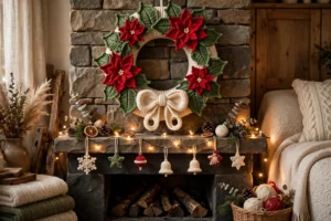 Crochet Christmas wreath with red poinsettia flowers displayed above a fireplace mantel with string lights