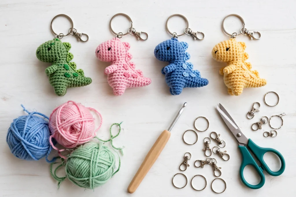 Flat lay of four crochet dinosaur keychains in green, pink, blue and yellow beside yarn balls, a crochet hook, scissors and keyring hardware