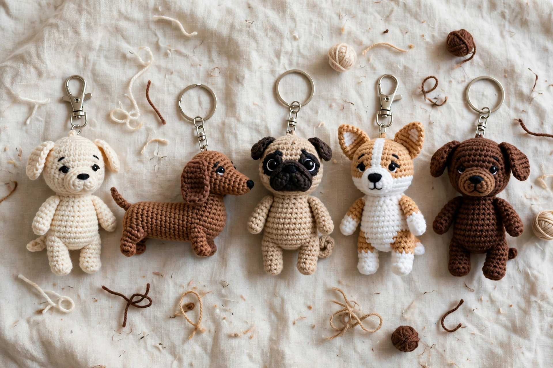Five small crochet dog keychains in cream, brown, fawn and tan yarn arranged on pale linen cloth