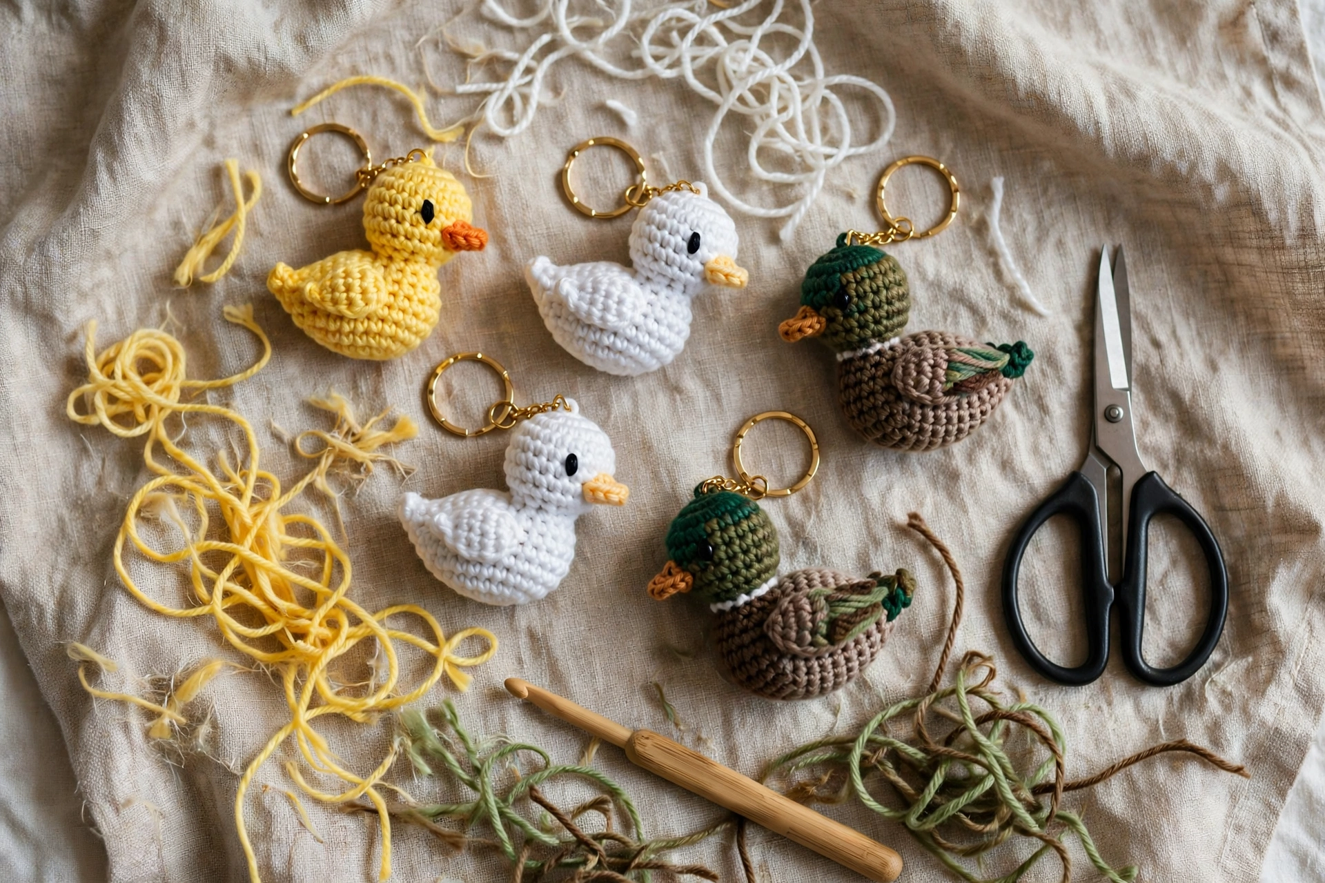 Flat lay of five crochet duck keychains in yellow, white and mallard colours on linen with yarn, scissors and a crochet hook