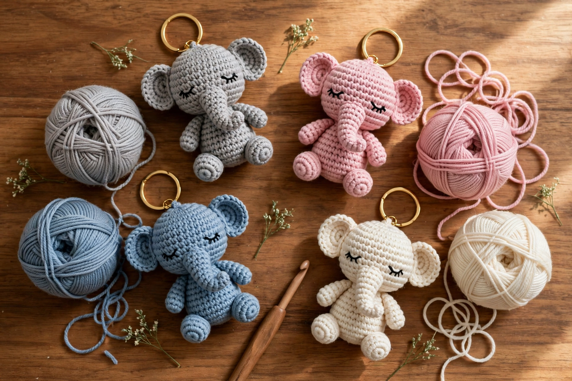 Crochet elephant keychains in pastel colors arranged with yarn balls and a crochet hook on a wooden table.