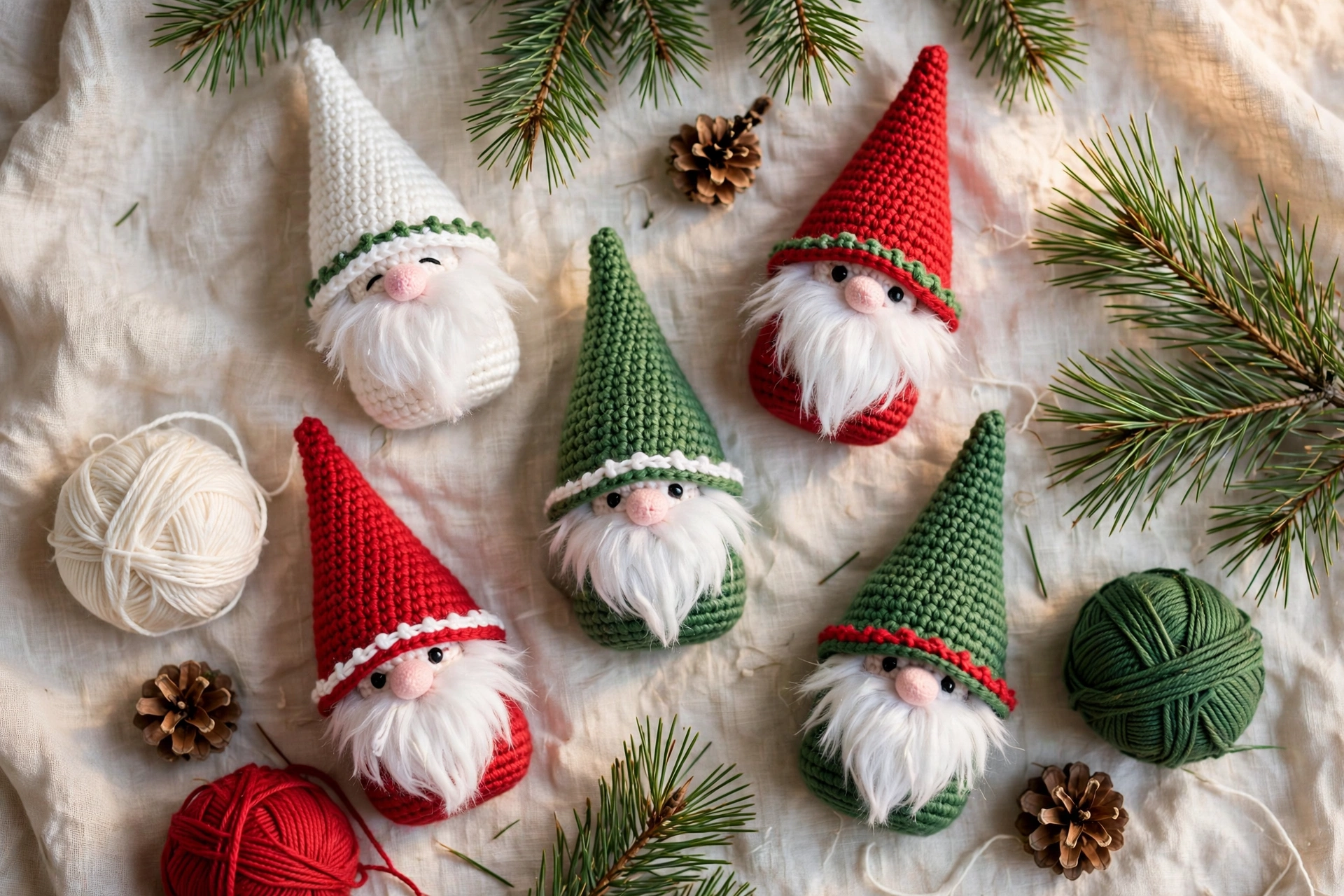 Small crochet elf gnomes in red, green and white yarn with tall pointed hats arranged on pale linen cloth
