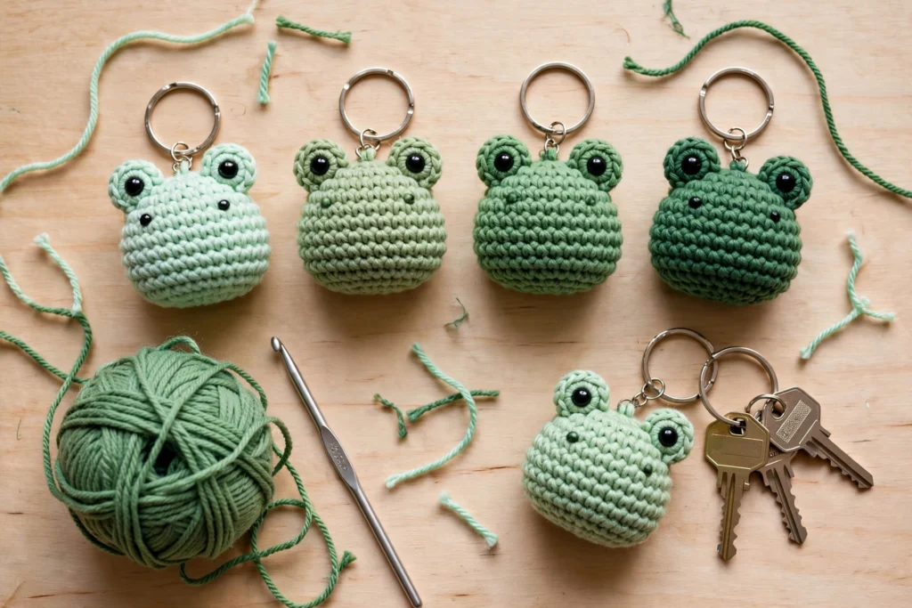 Flatlay of green crochet frog keychains with keyrings, yarn ball, crochet hook and house keys on wood