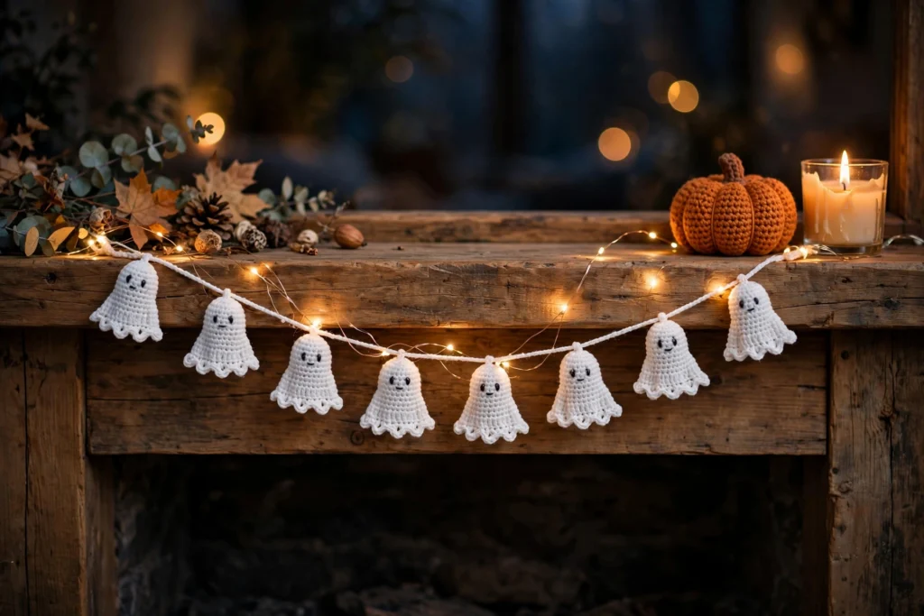 Handmade garland of small white crochet ghosts with smiling faces draped on a wooden mantel with fairy lights, a crochet pumpkin and a lit candle