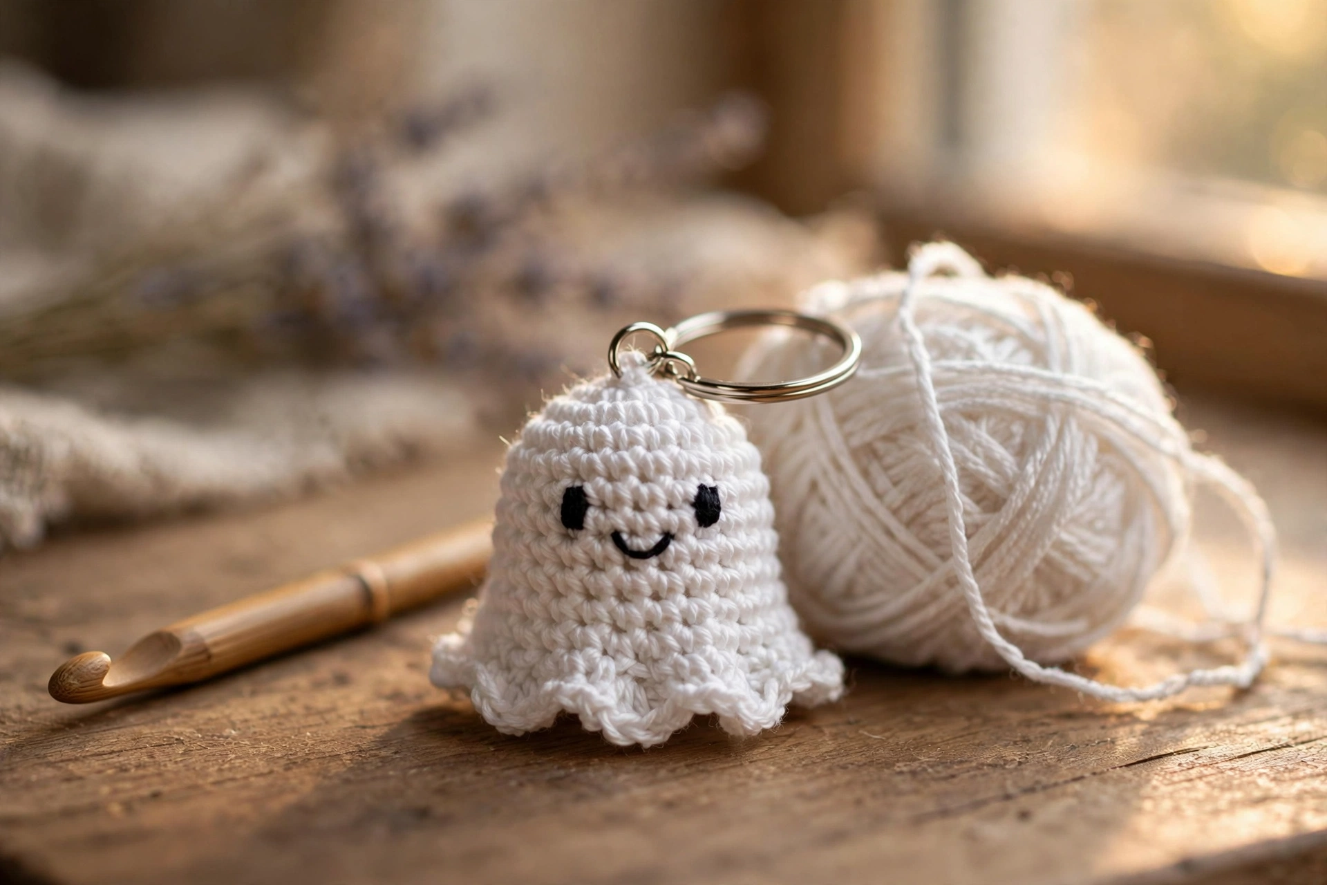 Tiny white crochet ghost keychain with embroidered black eyes beside white yarn and a crochet hook