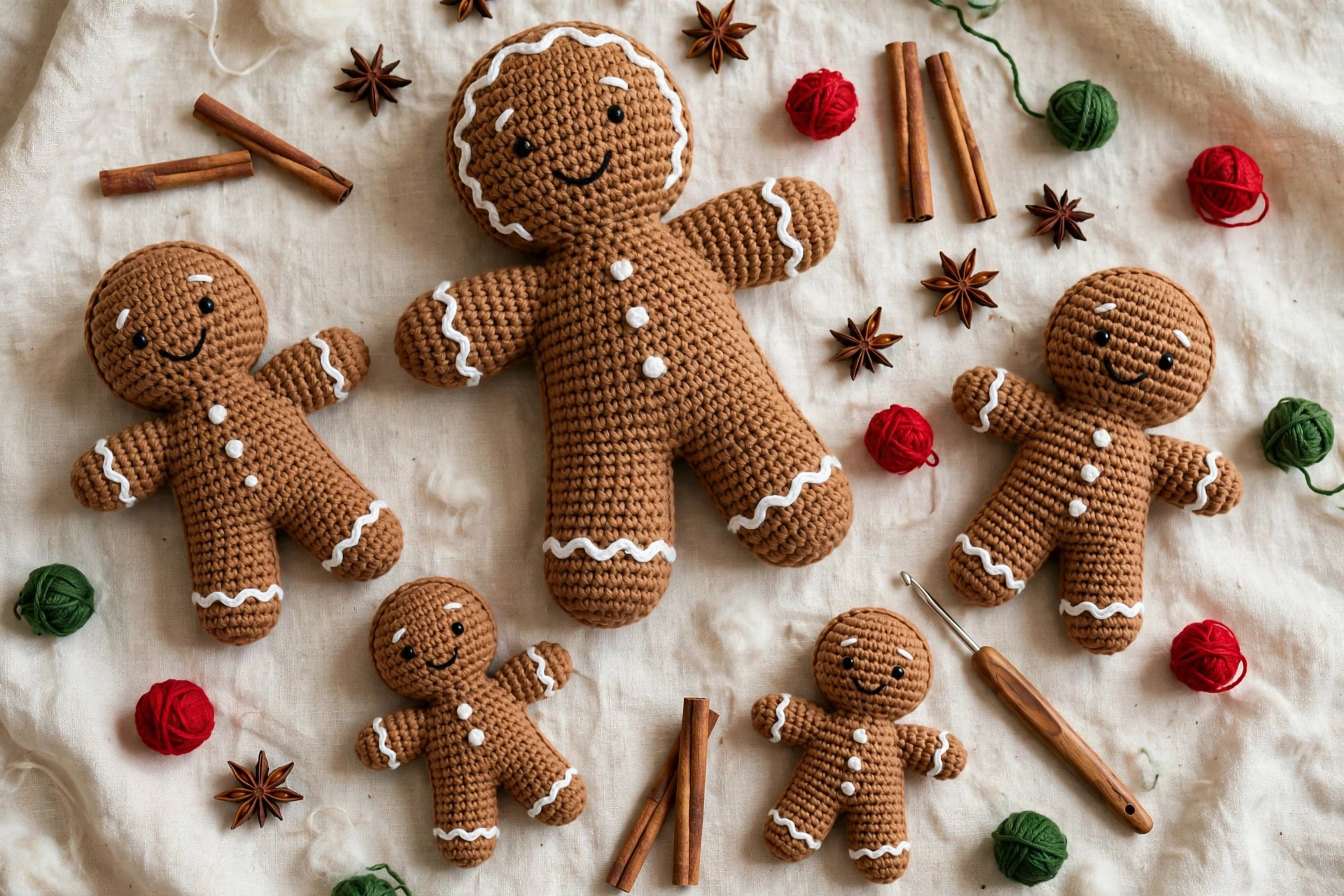 Flat lay of crocheted gingerbread men with cinnamon sticks, star anise and yarn balls