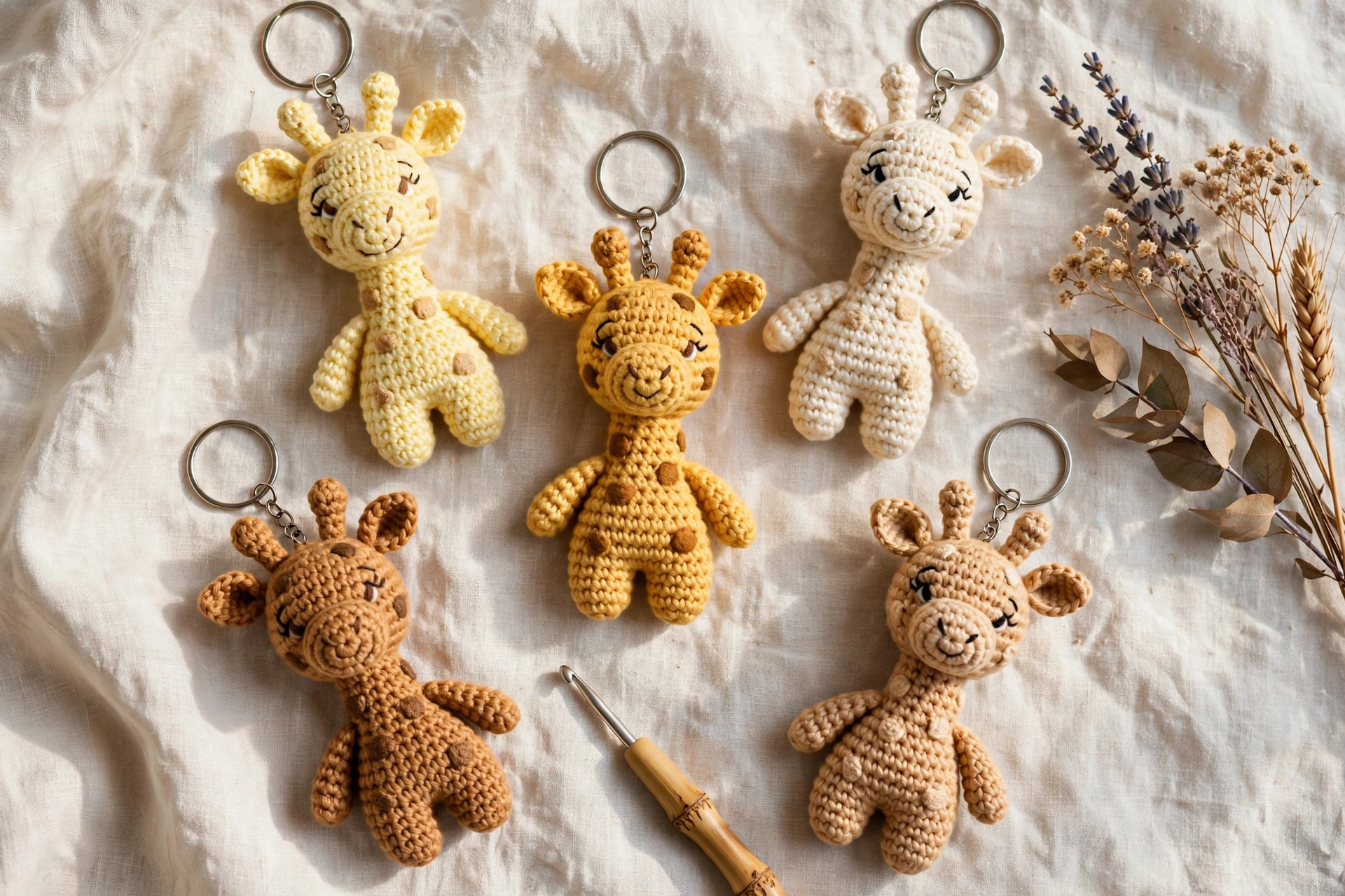 Flat lay of five handmade crochet giraffe keychains in yellow, caramel and cream yarn on white linen fabric with dried lavender and a crochet hook.