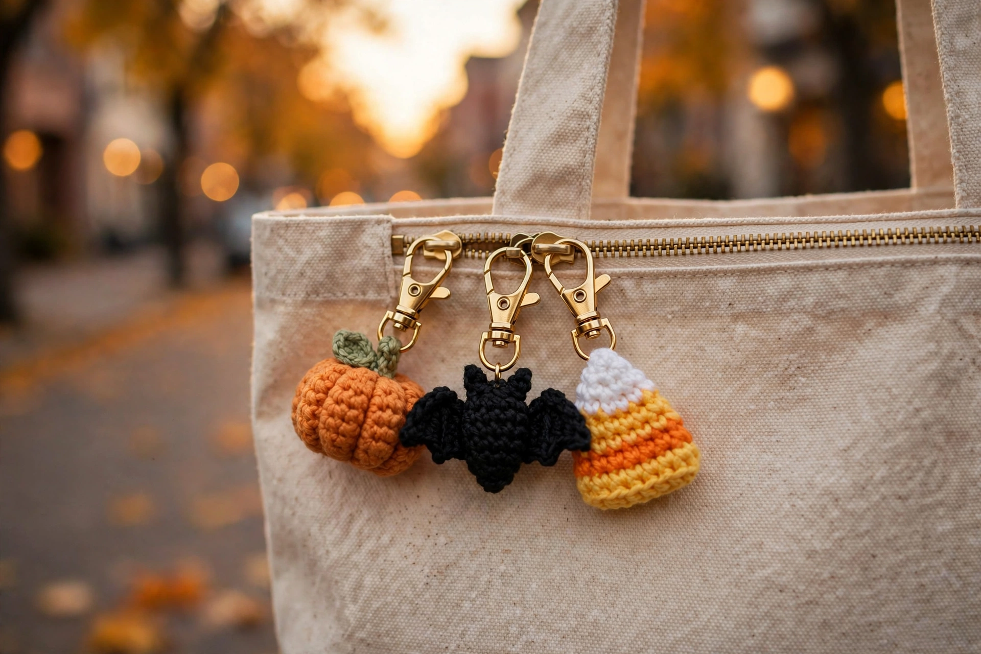 Crochet pumpkin, bat and candy corn bag charms clipped to a canvas tote bag zipper
