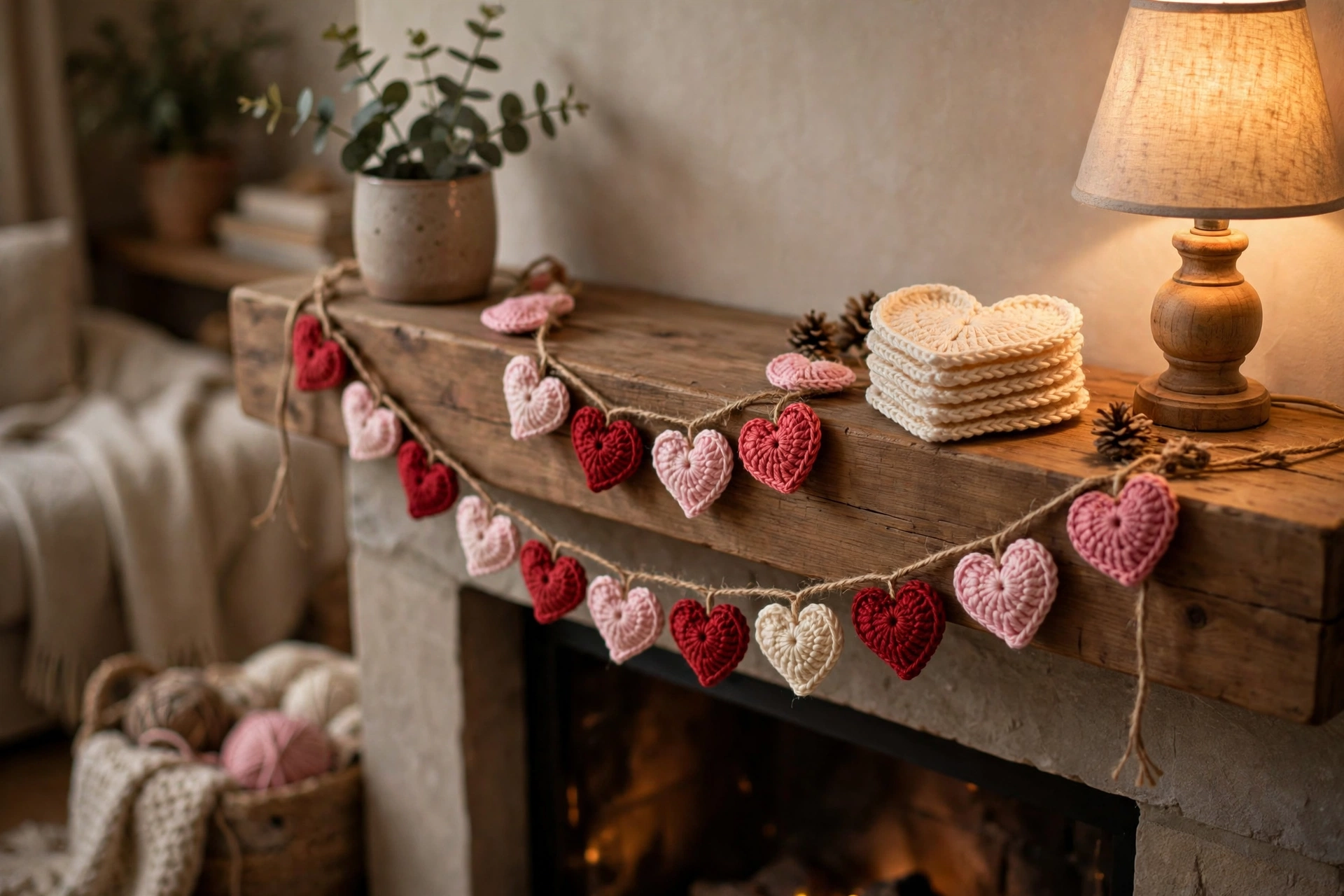 Pink and red crochet heart garland draped over a wooden mantel beside a stack of crochet heart coasters