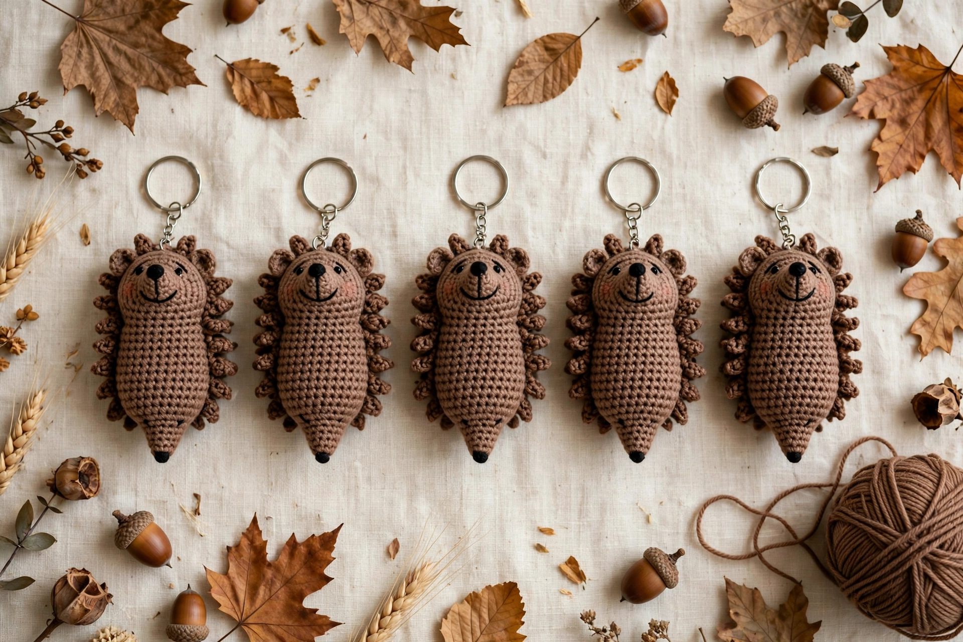 Five crochet hedgehog keychains arranged in a row on cream linen with autumn leaves, acorns and a ball of brown yarn.