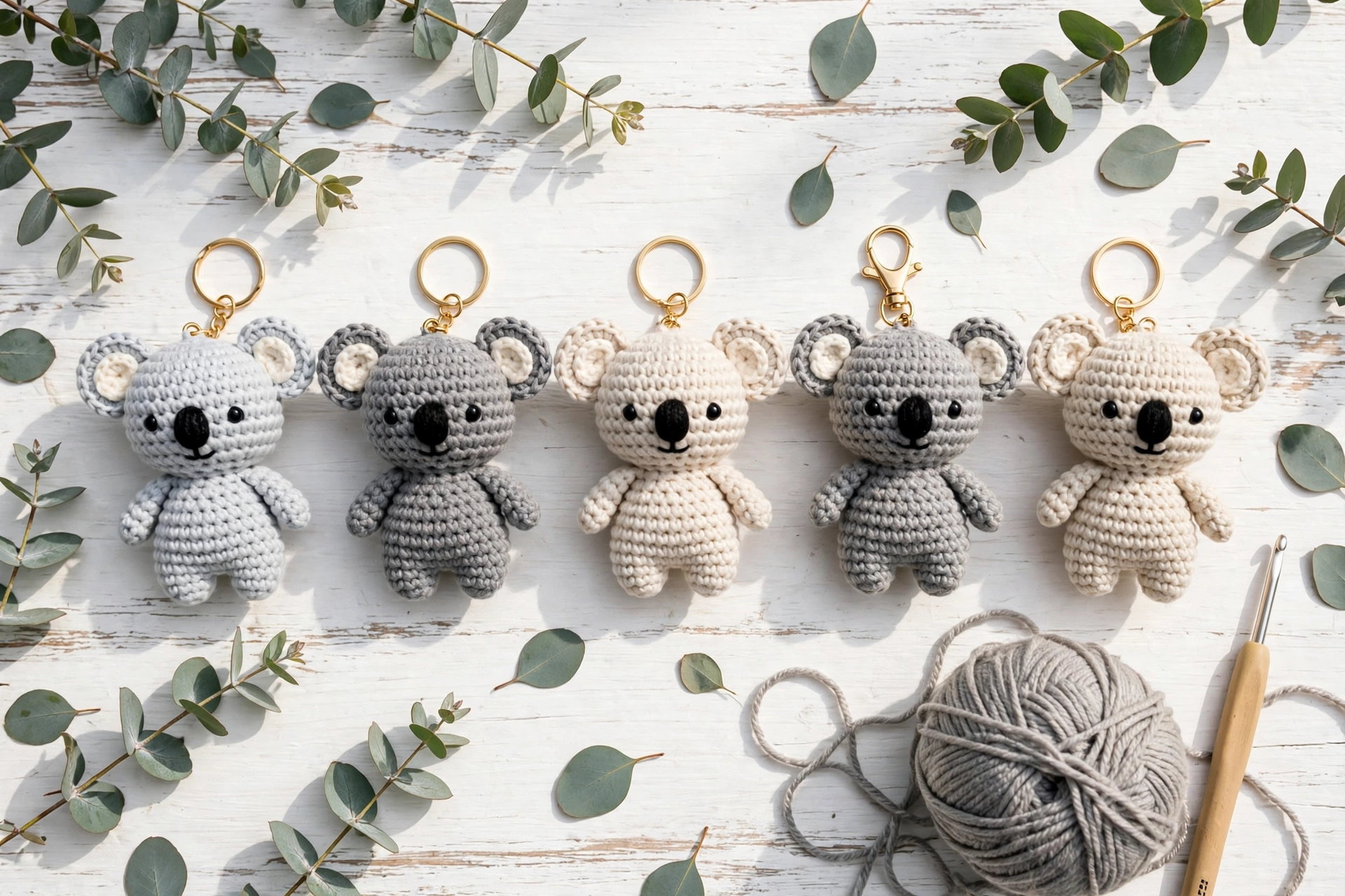 Five crochet koala keychains in gray and cream yarn shades arranged on a white wooden table with eucalyptus sprigs, yarn and a crochet hook