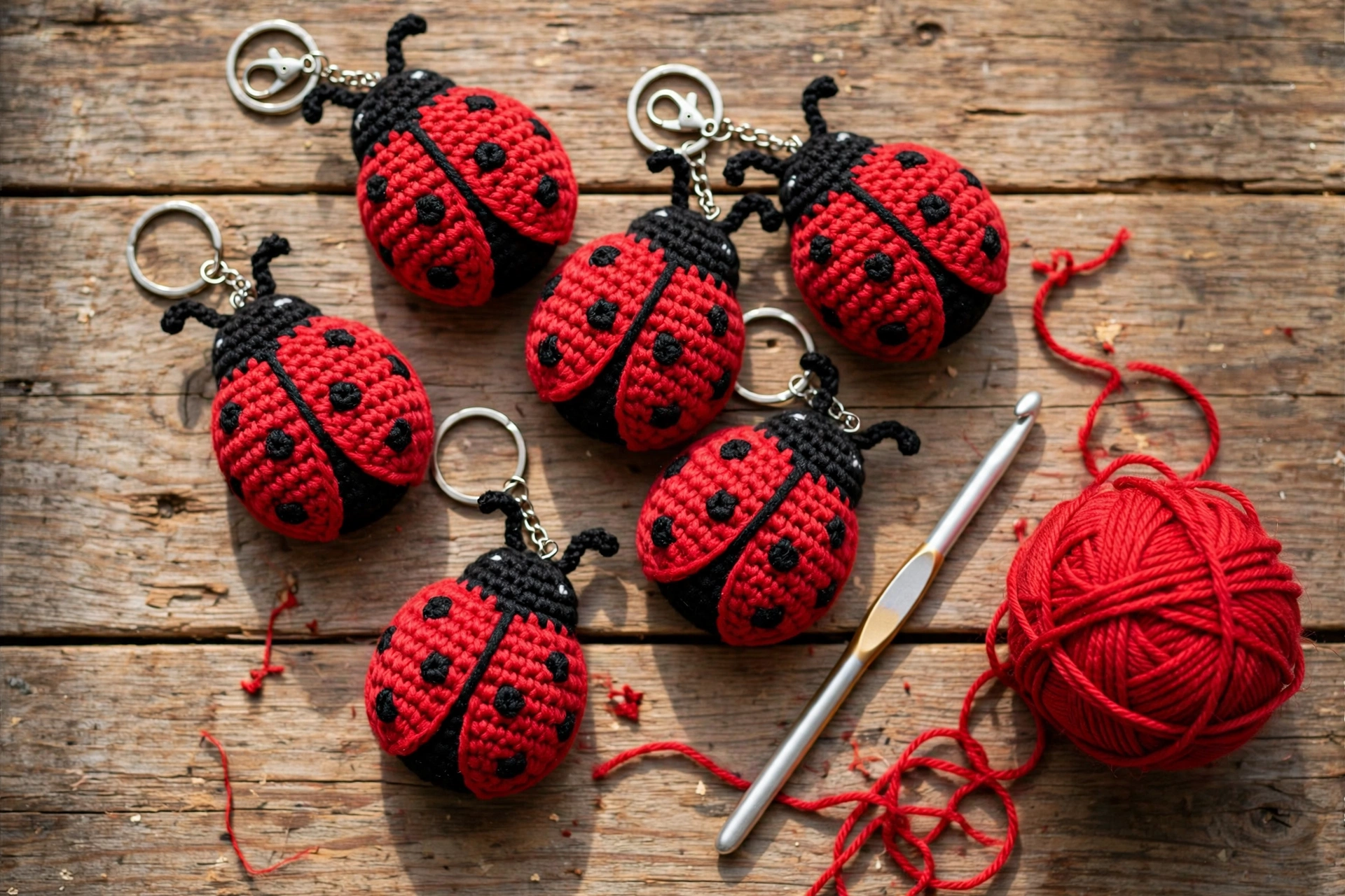 Several finished crochet ladybug keychains with metal rings laid out on a wooden surface