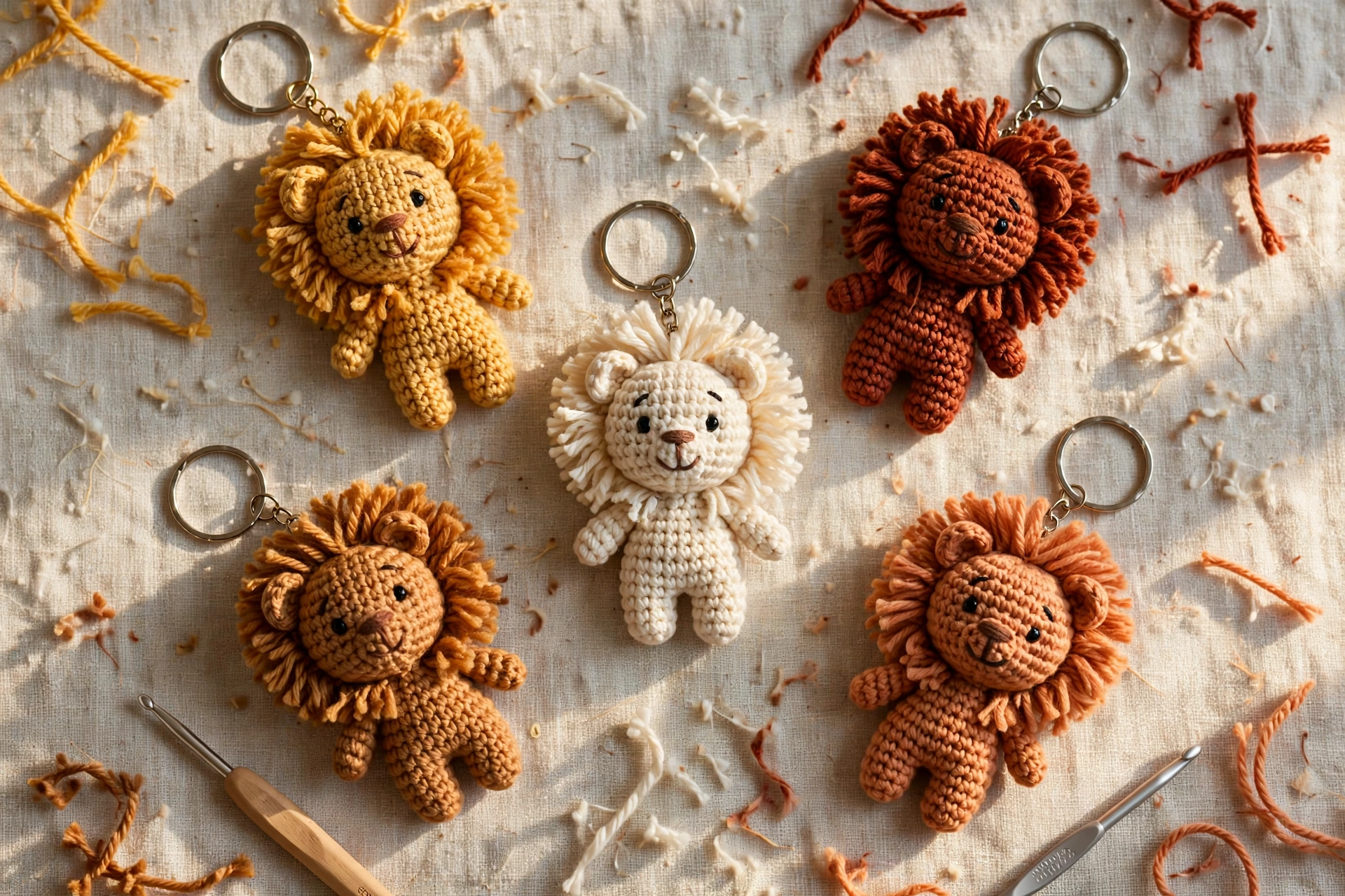Flat lay of five handmade crochet lion keychains in golden, rust, cream, caramel and dusty orange colorways on oatmeal linen with crochet hooks and yarn.
