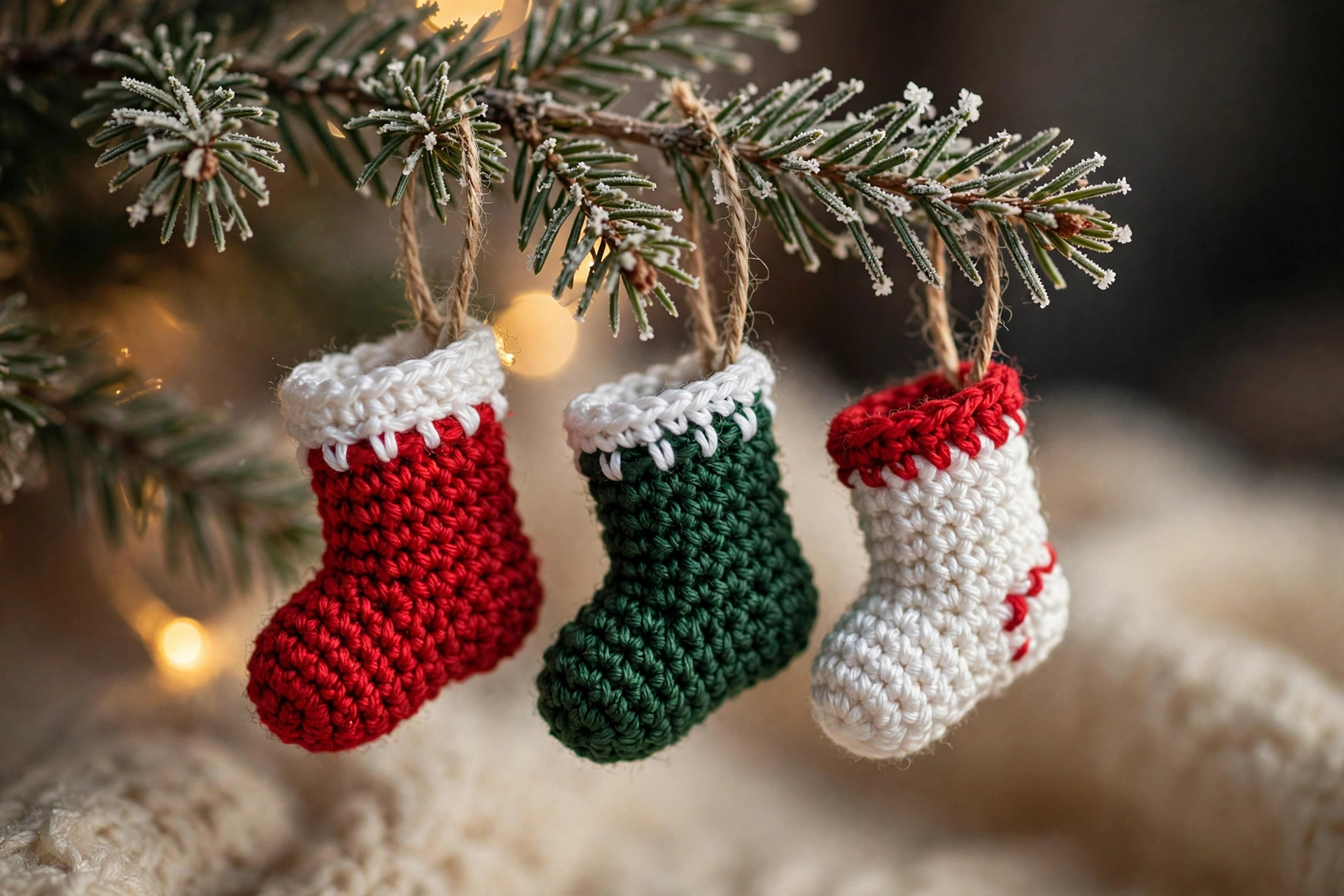 Tiny crocheted Christmas stocking ornaments in red, green and white hanging from a frosted evergreen branch
