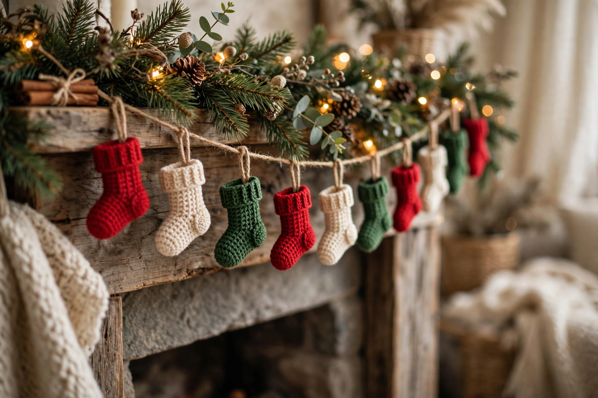 Garland of tiny handmade crochet mini stockings in red, green and cream hanging on a Christmas mantel