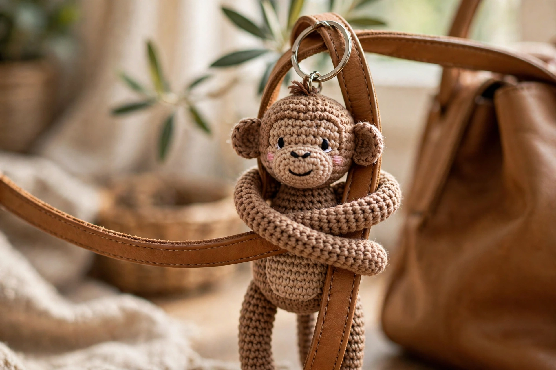 Crochet monkey keychain with long arms clinging to a tan leather handbag strap.