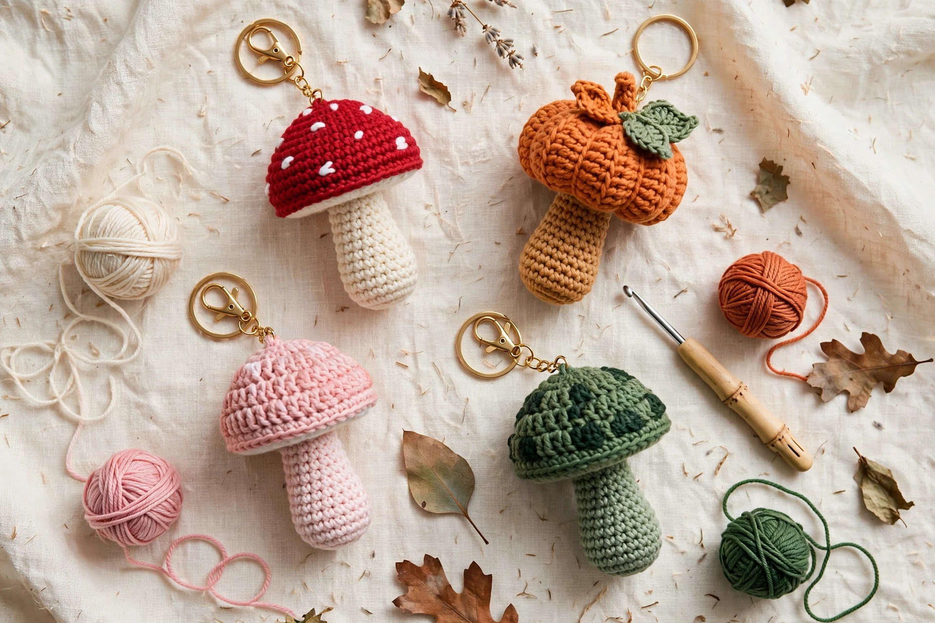 Flat lay of crochet mushroom keychains in red, orange, pink and green with yarn balls and a crochet hook