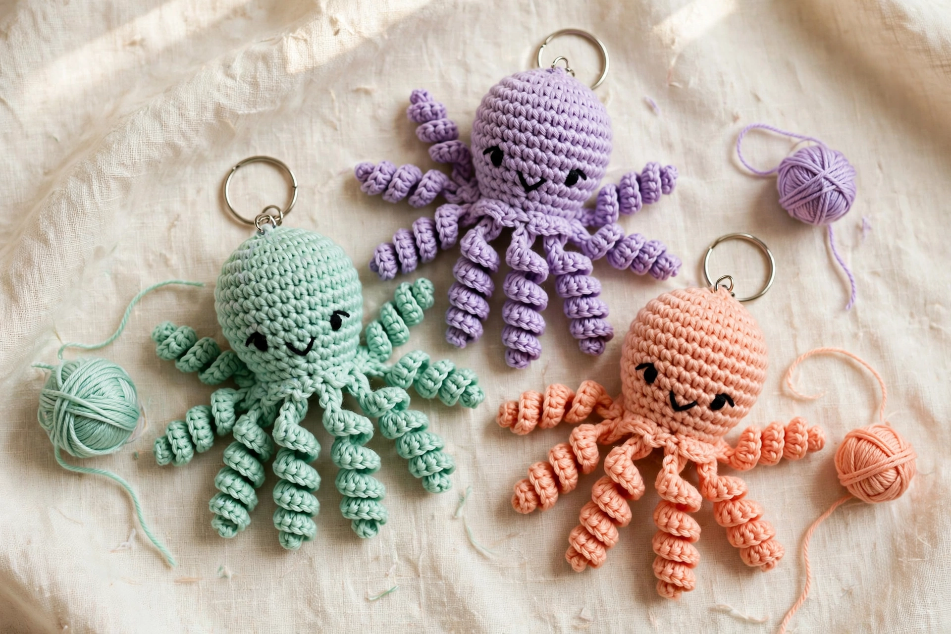 Flat lay of three colorful crochet octopus mini keychains in mint green, lavender and peach yarn with silver keyrings and yarn balls