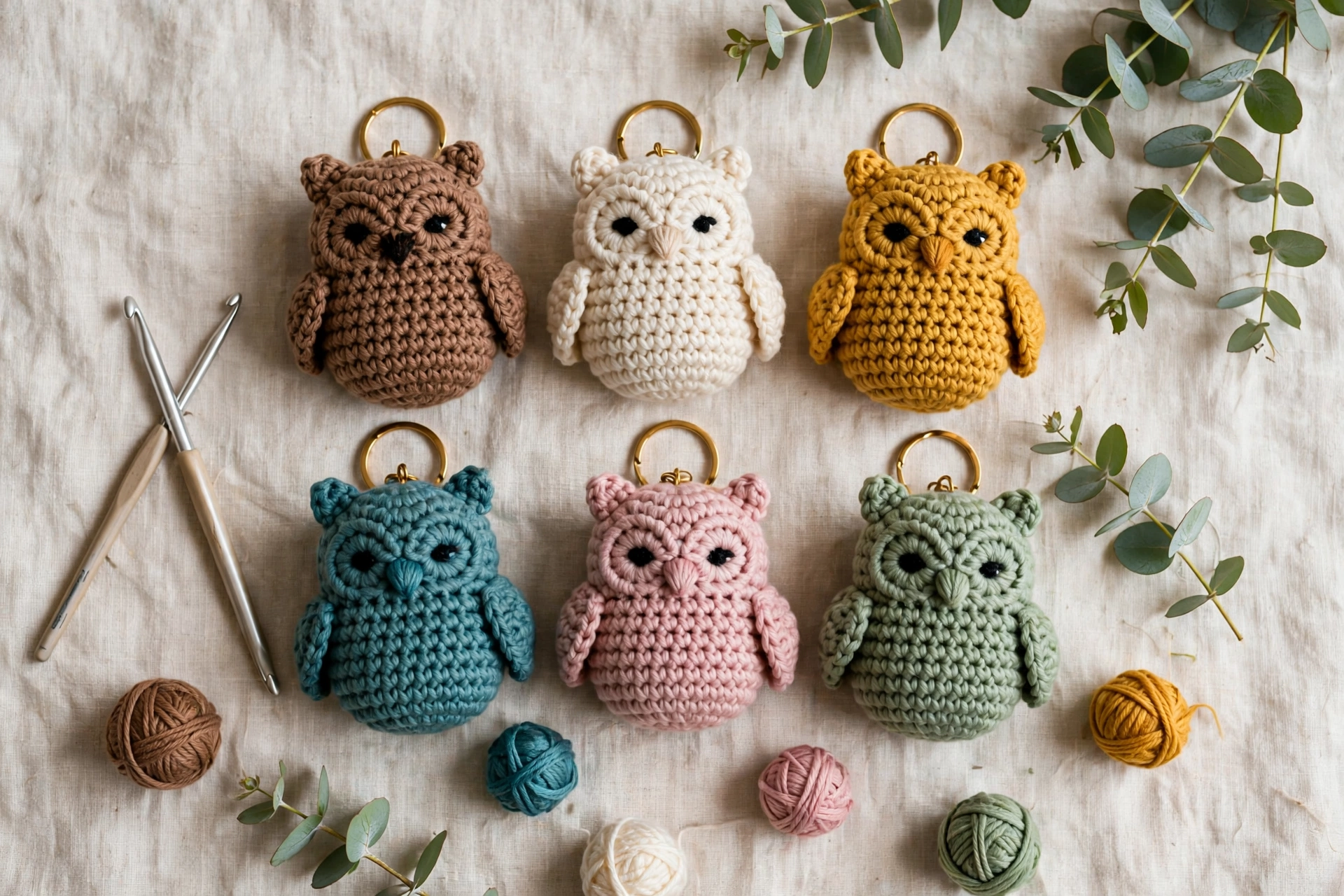 Flat lay of six small crochet owl keychains in brown, cream, mustard, teal, pink and sage yarn on a light linen background with a crochet hook and yarn balls