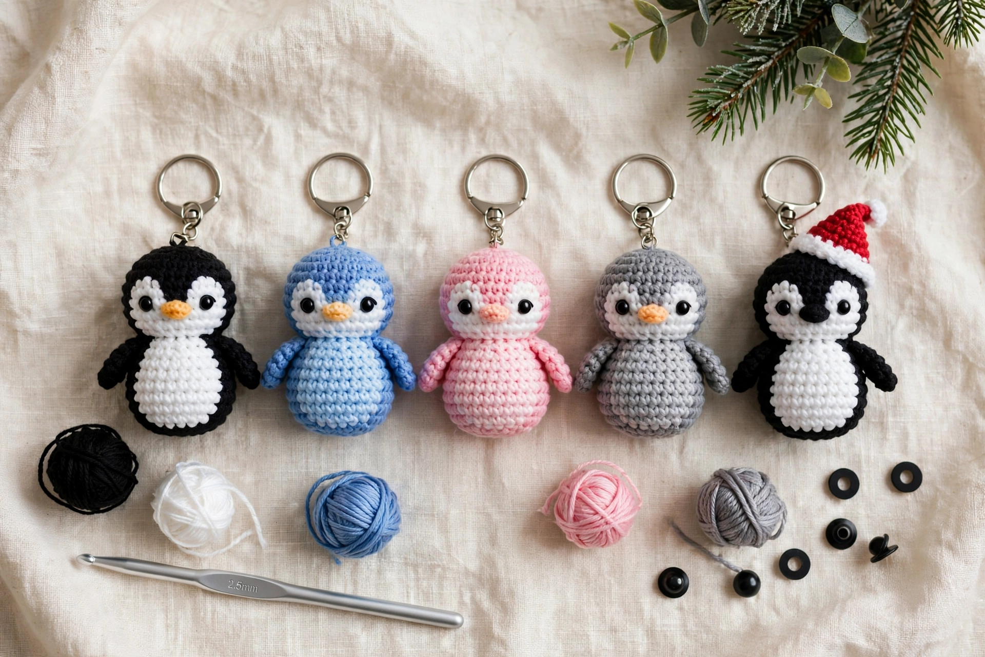 Five crocheted penguin keychains in black, blue, pink and grey laid out with yarn balls, a crochet hook and safety eyes on cream fabric