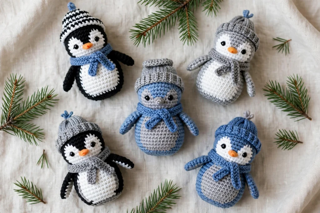 Five small crochet penguins with tiny scarves and hats arranged on pale linen cloth with pine sprigs