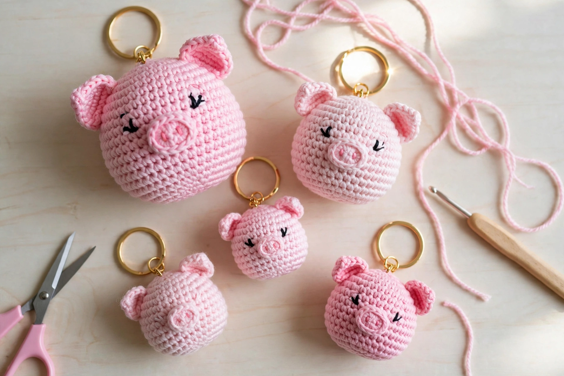 Flat lay of five pink crochet pig keychains with yarn, scissors and a crochet hook on a wooden table