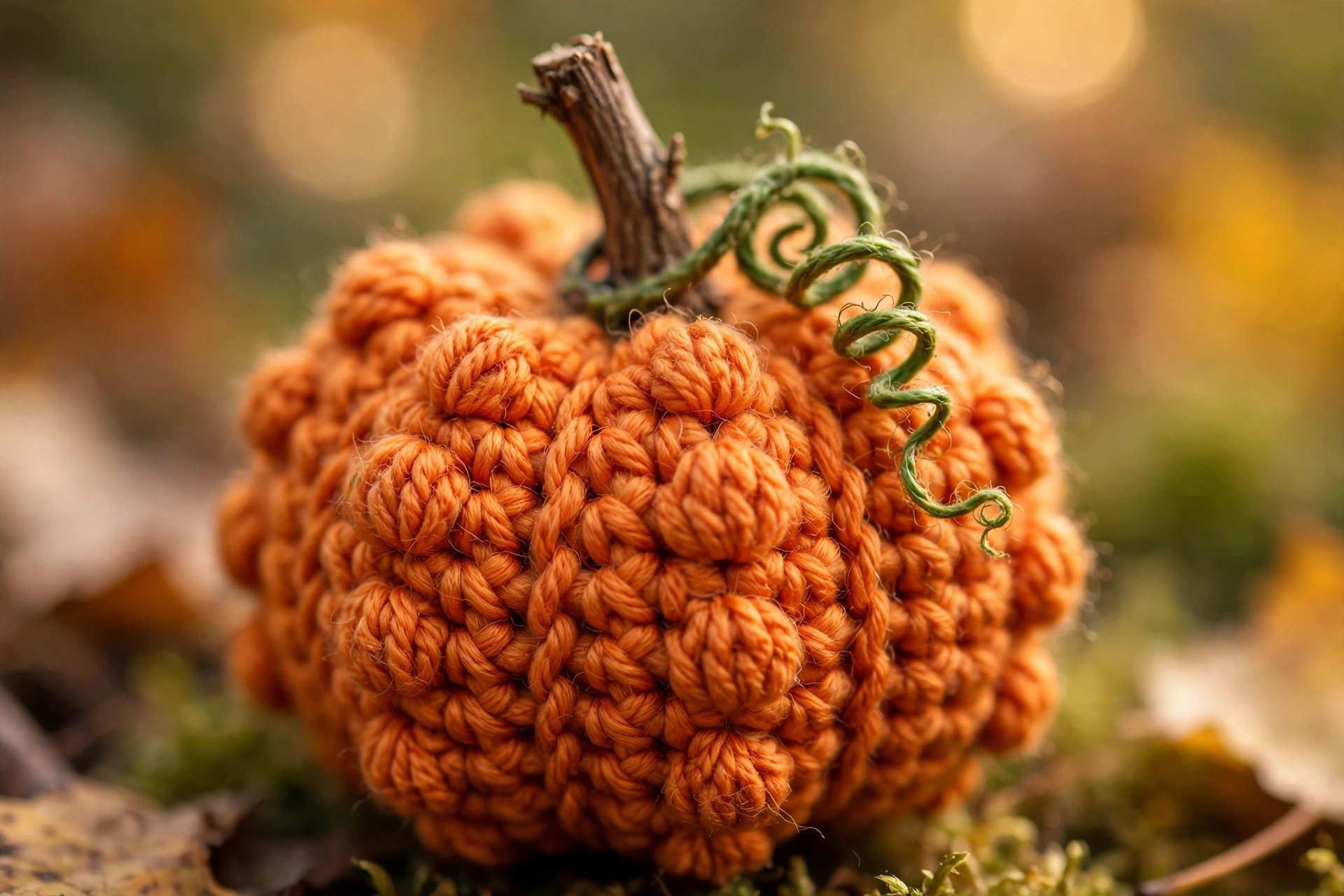 Close-up of a textured orange crocheted pumpkin with a wooden stem and green vine